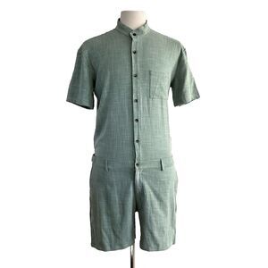 ROMPERJACK Romper Men Green Button Up Short Sleeve Preppy Stretch Cotton XL